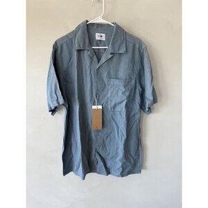 $175 NNO7 No Nationality Top Shirt Mens Medium Blue Button Up Short Sleeve Flaw